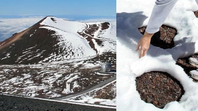 美国夏威夷的莫纳克亚死火山山顶被厚厚白雪覆盖（左），而处于撒哈拉沙漠的阿尔及利亚西北部小镇艾因塞夫拉，其郊区沙丘也盖上白雪。