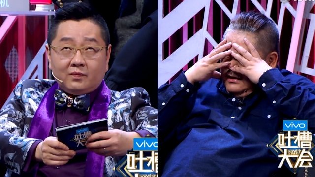 马景涛表演脱口秀时，主持人张绍刚（左）边翻字卡边翻白眼，来宾林雪（右）则是无奈摀脸。