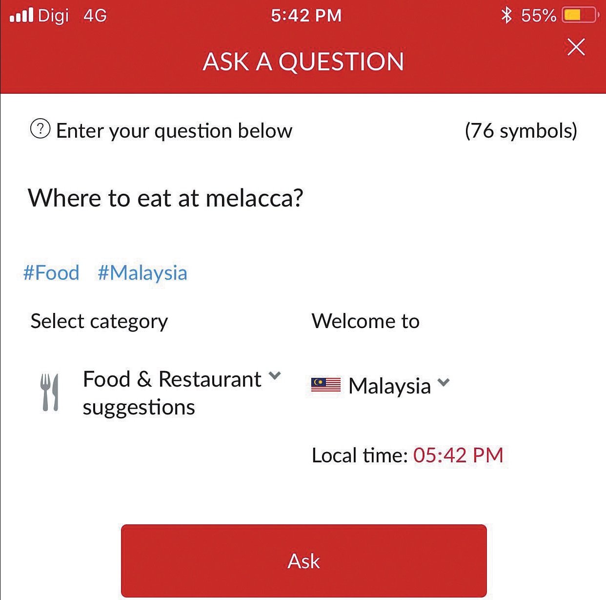 根据国家和问题类别发问，如：在马六甲哪里有好吃的？“当地人”会尽量在15分钟内给予回复。