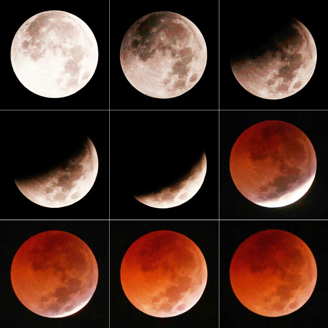 【印尼】周六凌晨在雅加达夜空中，拍摄到的月亮从月偏蚀到月全蚀的“血月”现象。月亮在被地球遮蔽后呈暗红色，让人联想许多古老的传说和神秘感。