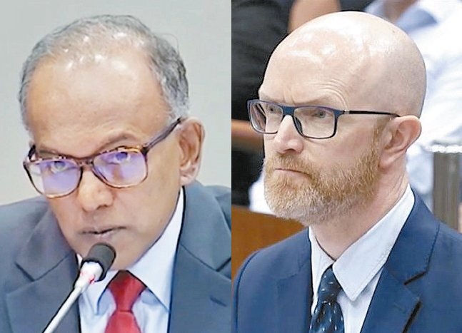 尚穆根（左）和西蒙米尔纳（右）针对面子书资料外泄事 件，在新加坡公开听证会上交锋。