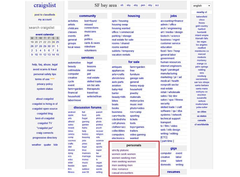 Craigslist分类广告网23日宣布，已全数移除美国地区分类广告中的私人服务（红框处）项目。