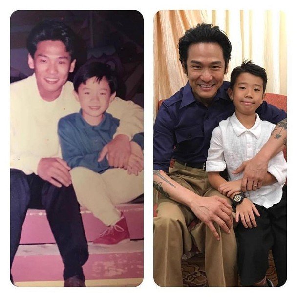 张继聪在社交网站上载了一张1988年的旧照片，旁边拼上儿子张瞻去年和Alex的合照。
