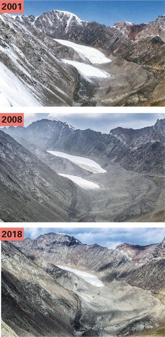 绿色和平发布的照片显示，新疆最大的冰川“天山一号”自2001年起的变迁，可见冰川面积（白色部分）不断缩小，减少11.7%。