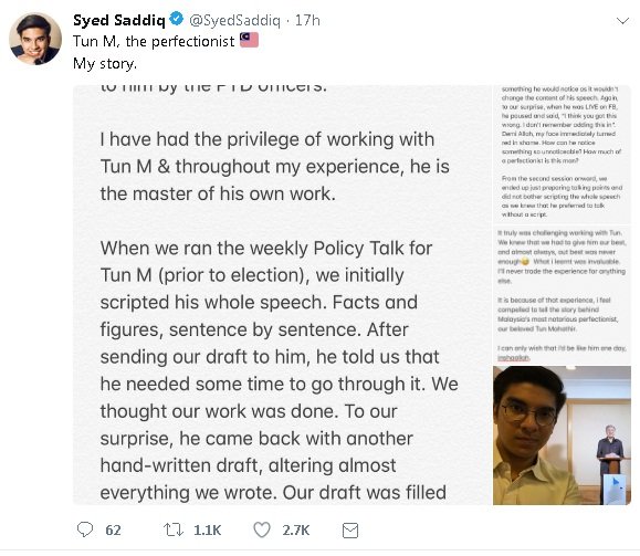 赛沙迪在推特上发表与敦马共事的过程，笑言后者是大马恶名昭彰的完美主义者。