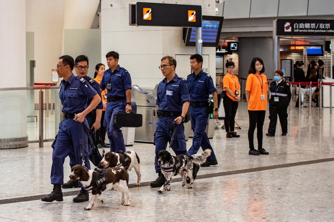 广深港高铁香港段开通仪式开始前，一批警员牵著警犬，在香港西九龙站巡逻。