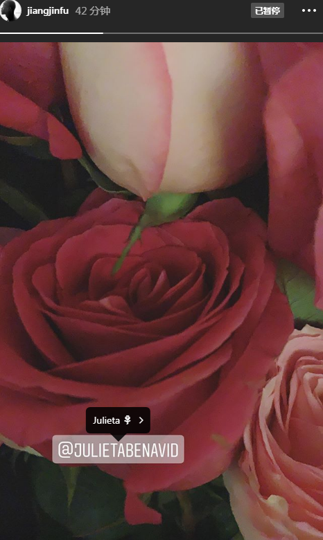 蒋劲夫晒出一张玫瑰花的照片，并标记了女友。