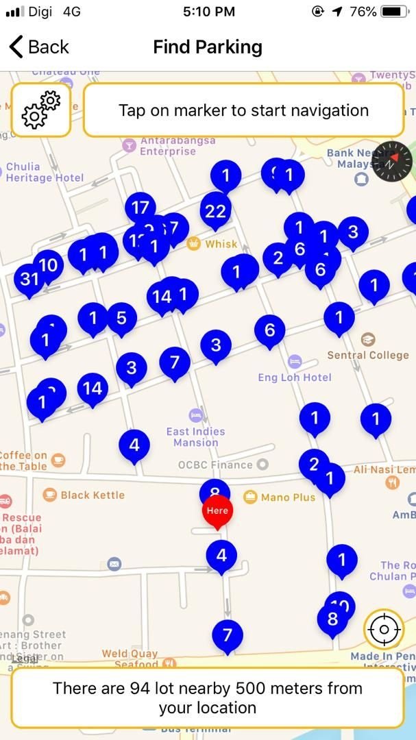 槟州智能停车系统手机应用程式的寻找停车位导航显示，土库街一带的500公尺处共有94个停车格。