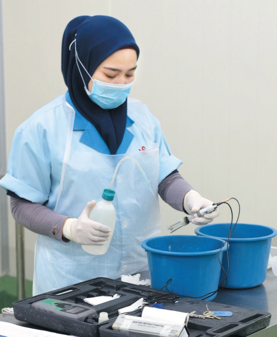 工作人员进行榴梿质量监测， 以确保其公司产品符合食品安全标准。