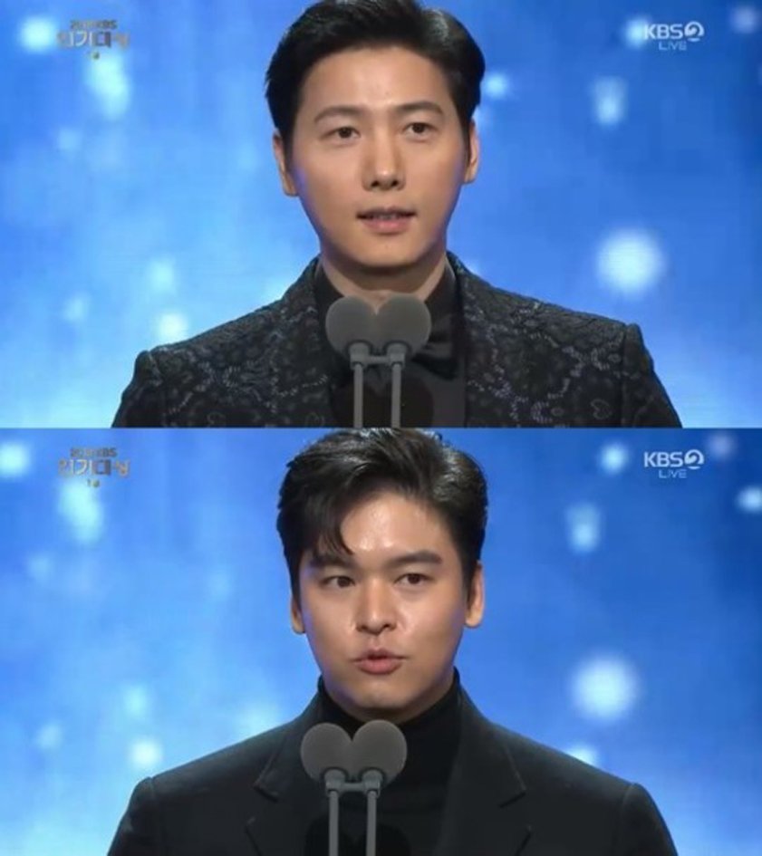 李尚禹（上）、李章宇获颁长篇剧优秀男演员，李尚禹隔空对在 SBS演技大赏的老婆示爱。