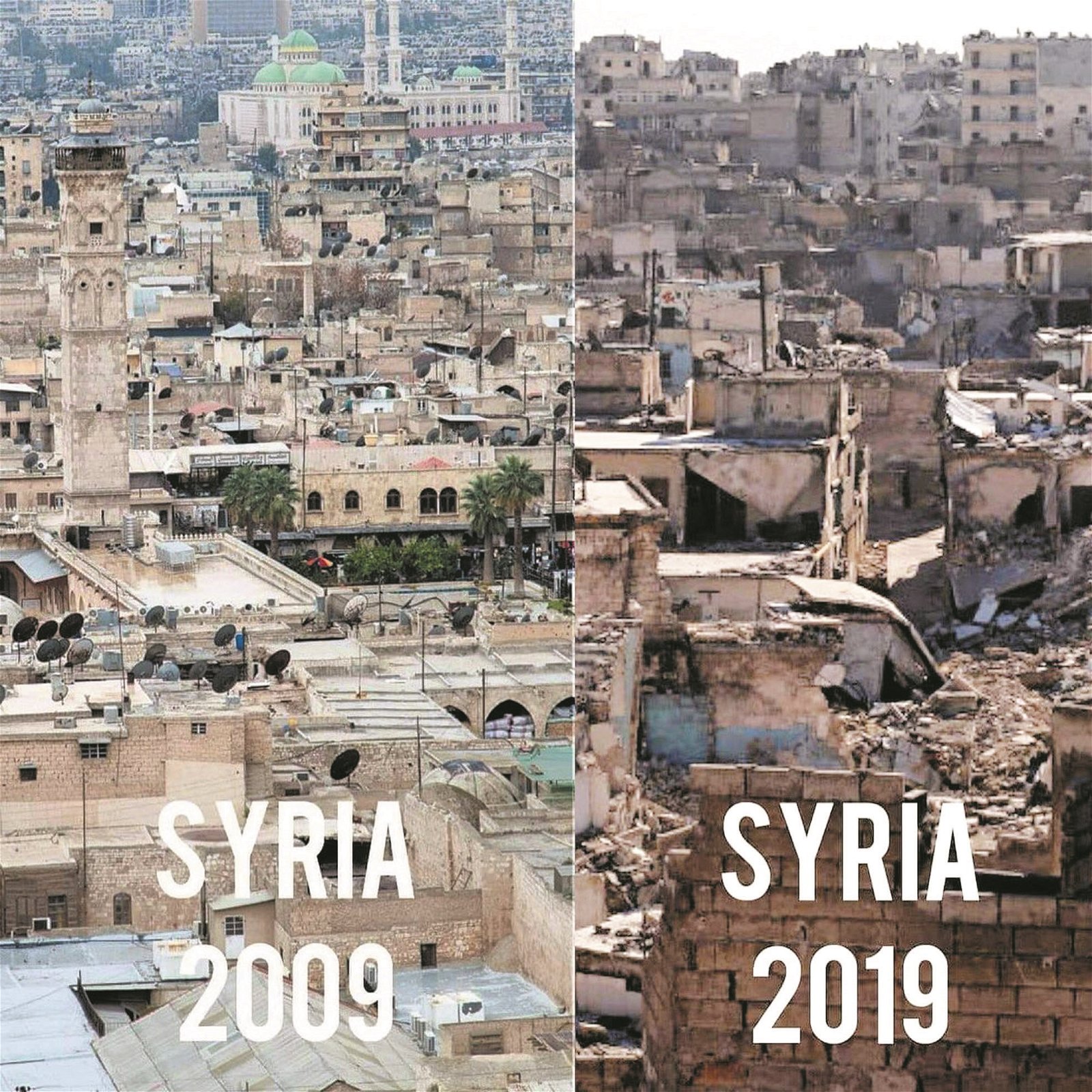 这是叙利亚一处在炮火的轰击下，10年后只留下面目全非的颓垣断壁，显现出战争的可怕。网民上传该图片借此警示世人关于战火无情，并提倡和平的普世价值。