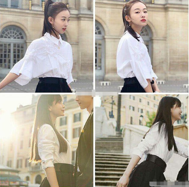 对比这件白色上衣和黑色短裙，两人展现出来的风格和气质都一模一样。（图取自网络）
