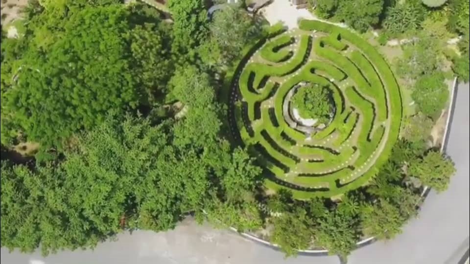 《摩登原始人》海滨度假别墅打迼绿色花园迷宫。（视频截图）