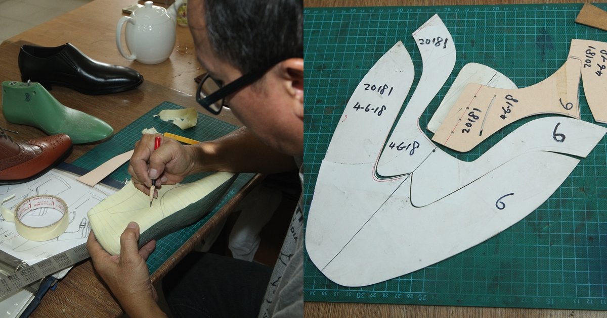鞋楦是鞋子的灵魂，决定鞋子的形状，虽是由制造商负责供应，但叶伟明会自行将它磨成最合乎理想的线条。制作一双皮鞋需要经历100多个步骤，叶伟明先在鞋楦贴上胶纸，画出设计后，再用刀片一片片切出，形成如右图中的“拼图”，也就是一双皮鞋的完整平面图。这个工序非常讲究精准，因为它影响著成品的外观。