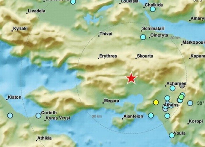 图中红星位置为雅典的震央。
