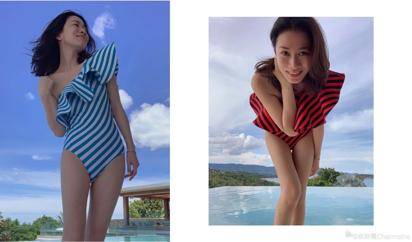 佘诗曼在社交媒体晒出两张泳装照，发文透露自己跨界当泳装设计师，身上所穿的两套泳装就出自自己的设计。（图取自网络）