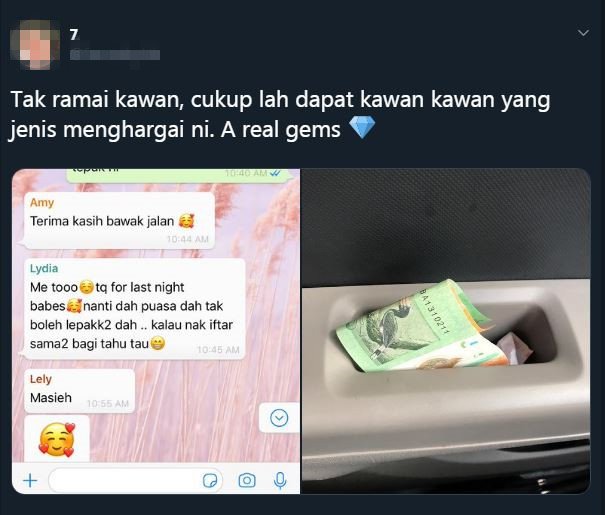 一名巫裔女子，在推特分享友人搭便车后，在车上偷偷塞钱补贴汽油的暖心举动。