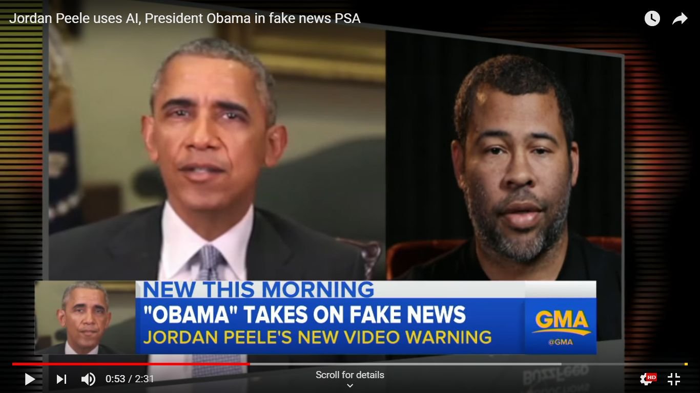 奥巴马吐糟特朗普是“笨蛋”的造假视频，是由乔丹比尔（右）以FakeApp制成的，旨在提醒民众有关AI换脸技术可被滥用制造假新闻的隐忧。