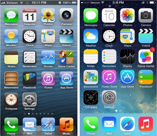 Jony Ive也曾参与iOS的开发，把iOS 6（左）的仿真设计变为iOS 7（右）的扁平化设计，后者风格沿用至今。