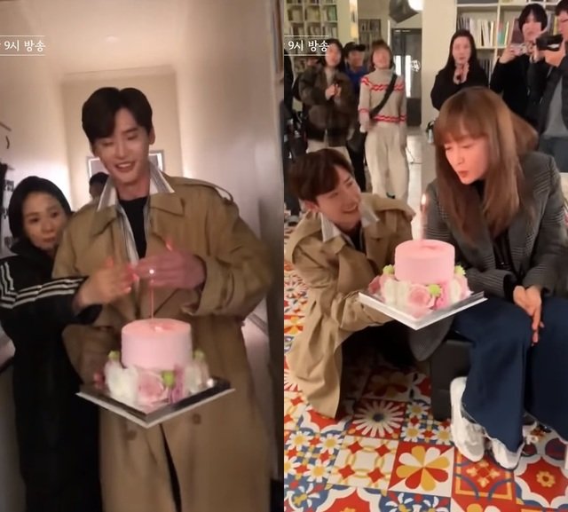 李娜英上月满40岁，李锺硕和剧组特地准备蛋糕在片场为她庆生。翻摄画面