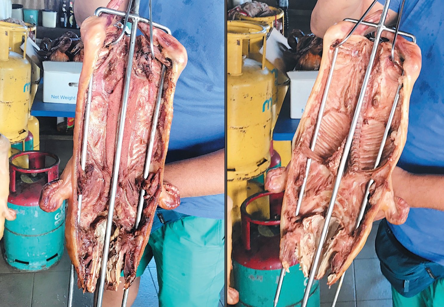 出骨猪（左）是已将肋骨取出乳猪。片皮猪（右）的乳猪肋骨明显可见。