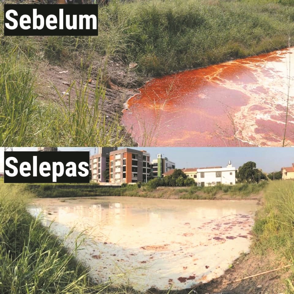 防洪蓄水池的水在污染后变成怪异的红色，清理后变成较为正常的泥色。