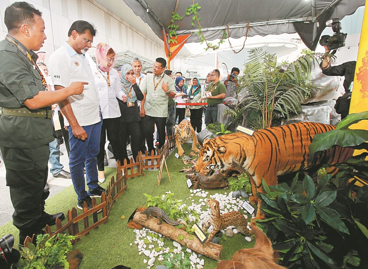西维尔（左2）在众官员陪同下，经由观看老虎模型，了解野生生态运行模式。