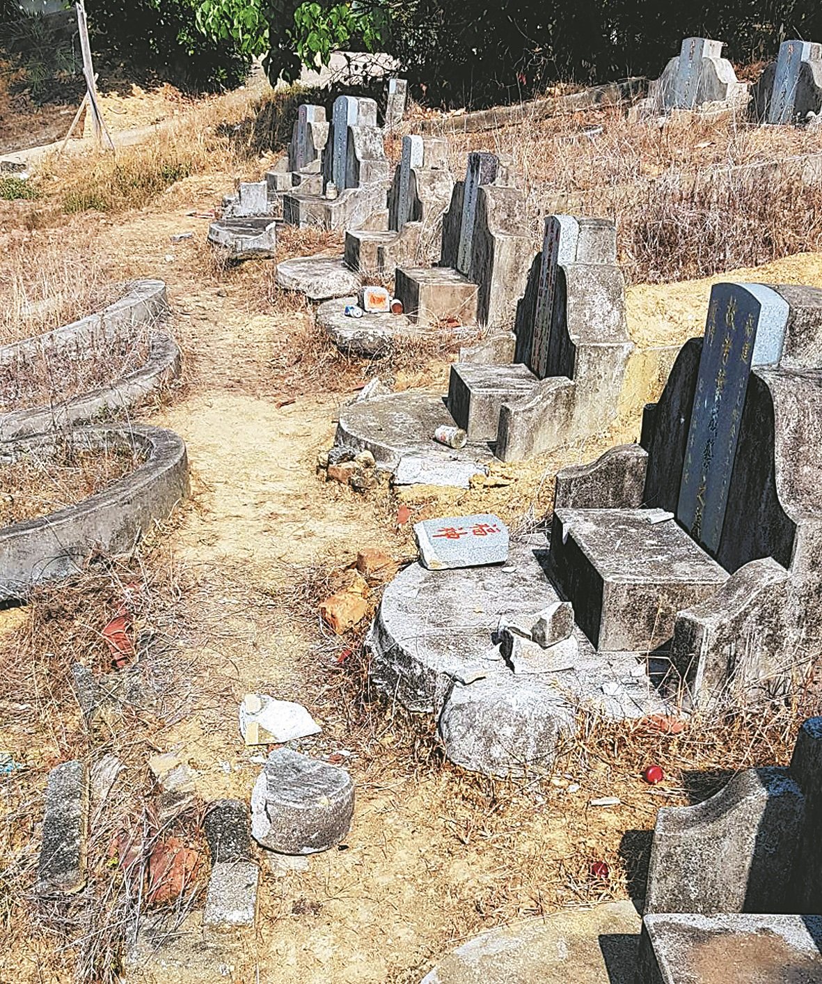 拥有百年历史的莪仑华人公冢3排并列共26个墓碑遭人破坏，警方已开档调查。