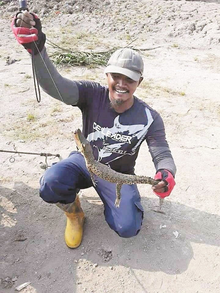 再卡利亚3月18日在武吉淡汶附近河流河边垂钓时，钓上一只雏鳄。