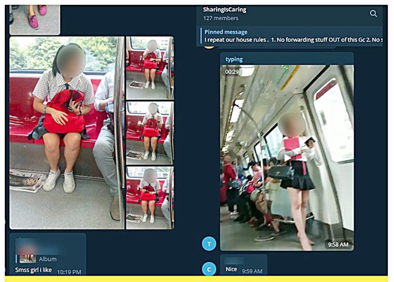 群组分享许多在公共场合的偷拍照，连搭地铁的学生也成为被偷拍的受害者。（图取自网络）