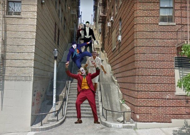 还有粉丝P图将历代小丑在楼梯起舞。