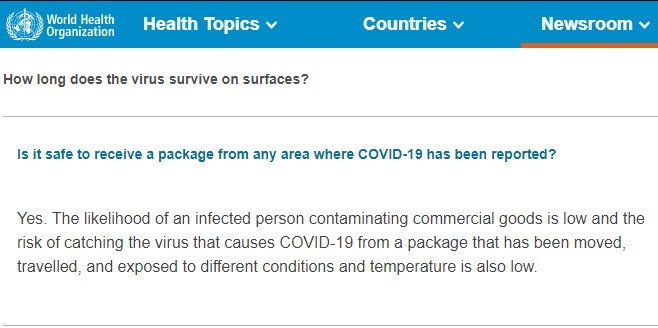 世界卫生组织官网也阐明，病菌会基于包裹在运输过程中的各种因素而无法存活。（网站截图）
