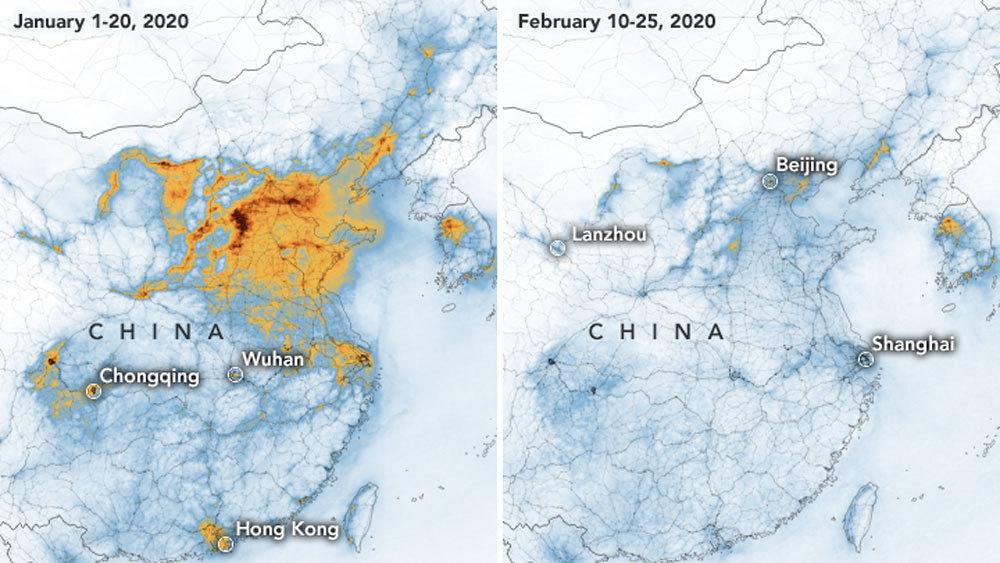作为首个封城对抗疫情的国家，中国在此期间的碳排放量下降了25%。专家预计，这可能促使中国今年的碳排放总量下降1%。（图片来源：NASA）