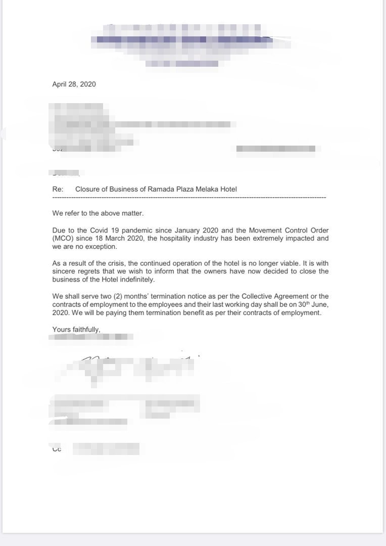 网络及社交网络上流传马六甲华美广场酒店将结业的信函。