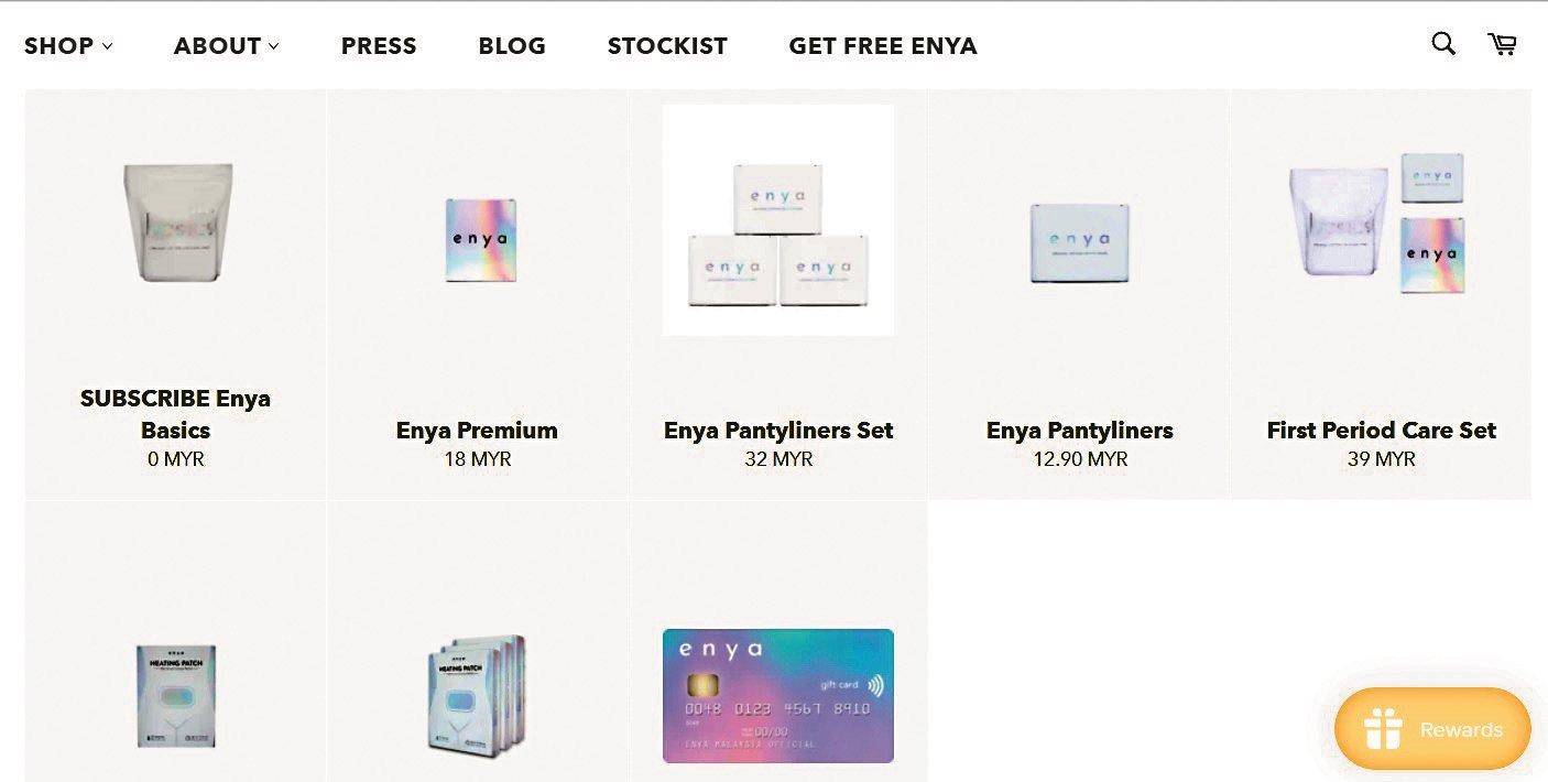 Enya有机卫生棉通过网上平台进行销售，除了卫生棉外，也售卖卫生护垫和舒缓经痛的暖宫贴。