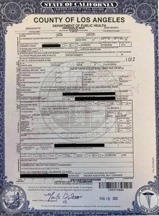 科比-布莱恩特的死亡证书。