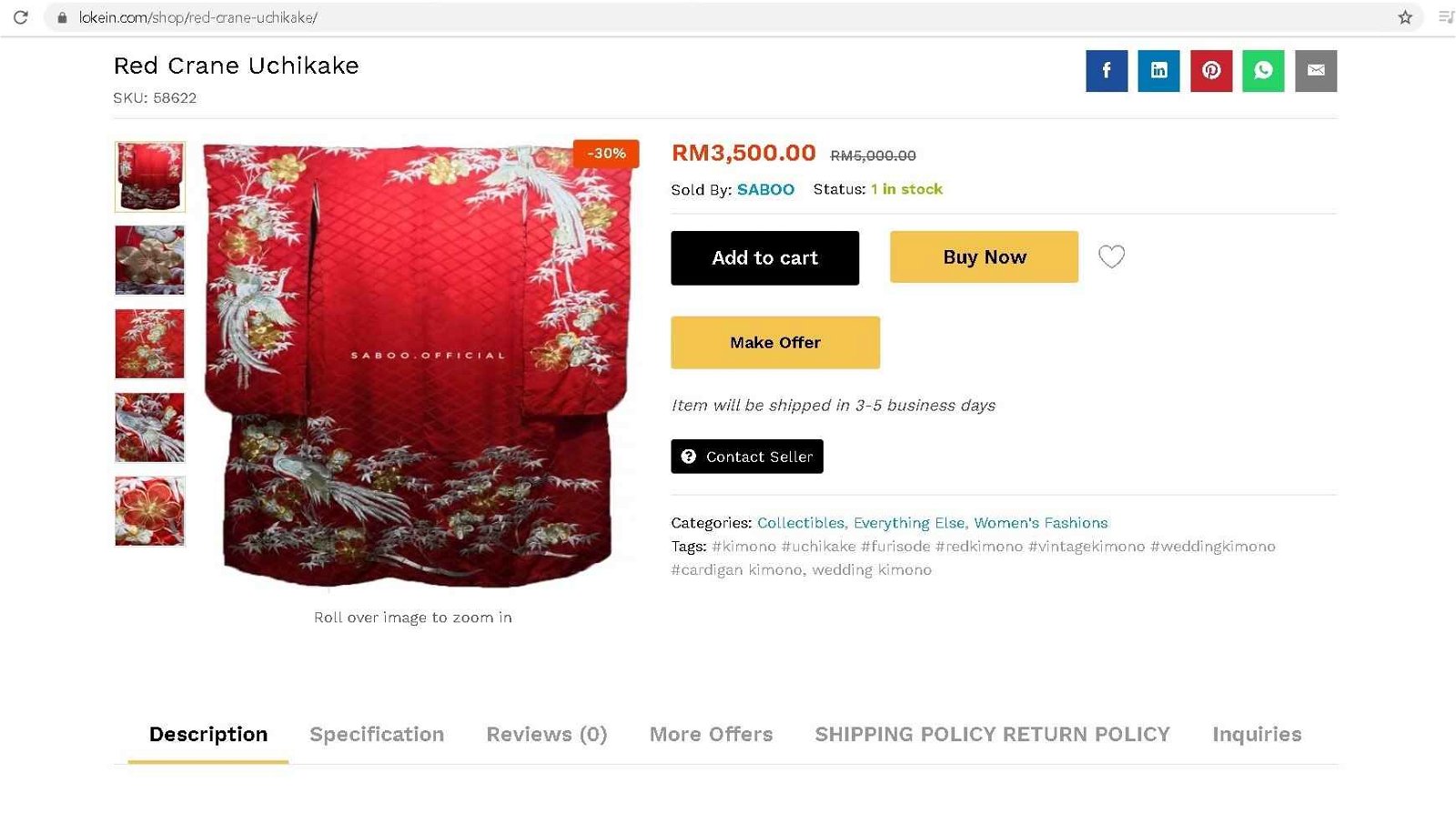 虽说是二手物品销售网站，但卖家在“Lokein”中出售的二手物，不乏为古董级的物品，如图中的和服则卖价达到3500令吉。