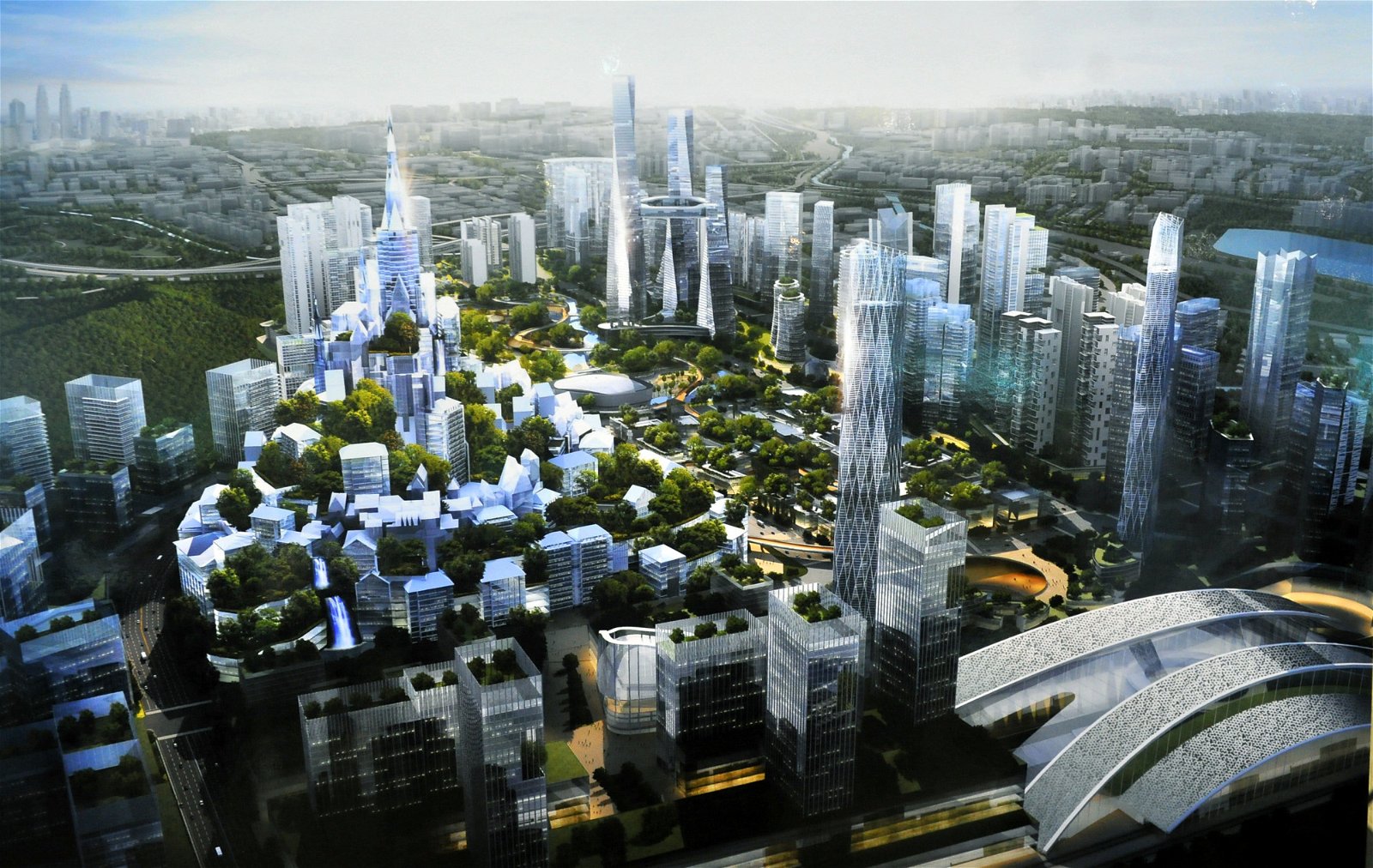概念图：曾一度被搁置的大马城计画（Bandar Malaysia），于2019年12月17日在首相敦马哈迪的见证下重新启动。隶属财政部子公司的TRX城市有限公司与依海城控股（IWH）和中国中铁股份有限公司（CREC）组成的IWH-CREC财团签约，购买土地价值达123亿5000万的大马城项目60%股份。大马城是吉隆坡大型综合发展计划，地点在新街场旧空军基地，开发期限预计15至20年。