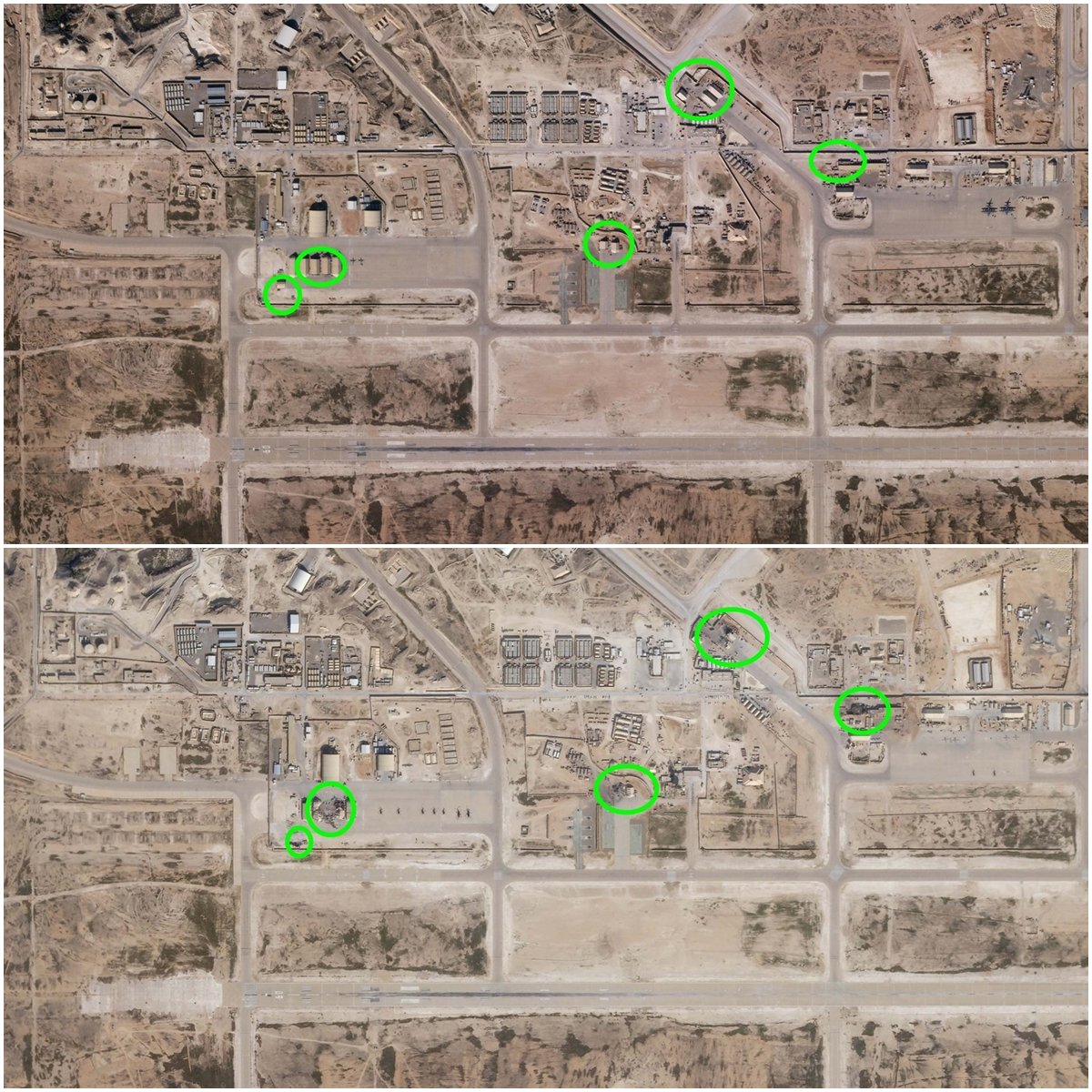上图为阿萨德空军基地在2019年圣诞节当日的情况，绿圈显示的地区之后被伊朗导弹击中。下图同一地点在1月8日后的情况，与圣诞节的图片相比，绿圈内的地方或建筑物明显受到破坏。