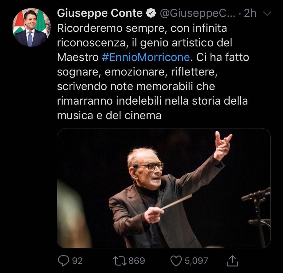 意大利总理孔在推特上发文哀悼，表示将永远怀念这位天才艺术家。