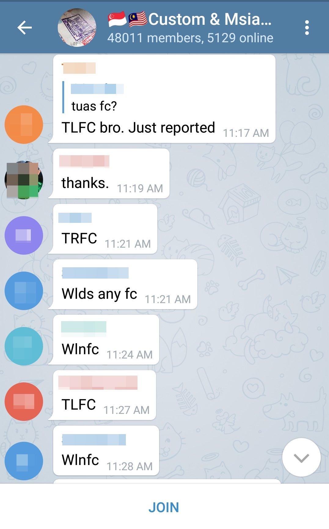 新加坡车主在telegram 社交媒体开设群组分享新加坡兀兰关卡和大士关卡的检查油表的即时情况。