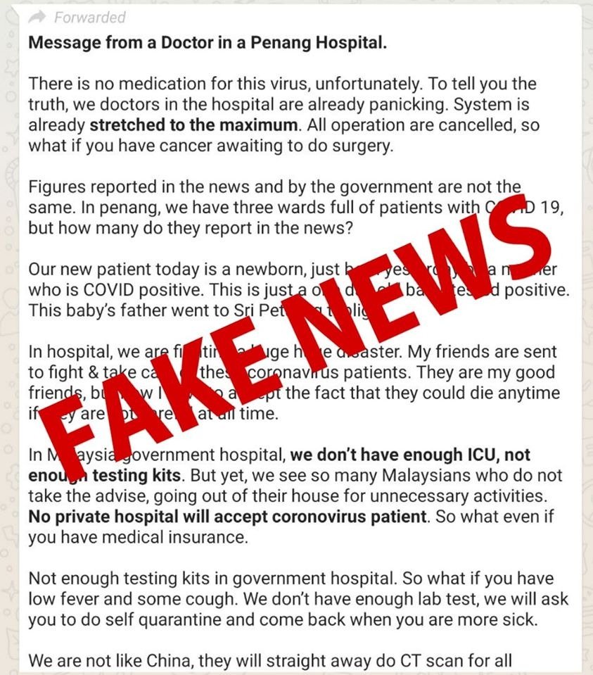一则主题为“来自槟城中央医院医生的讯息”的假消息于周四在社交媒体上疯传，制造恐慌。