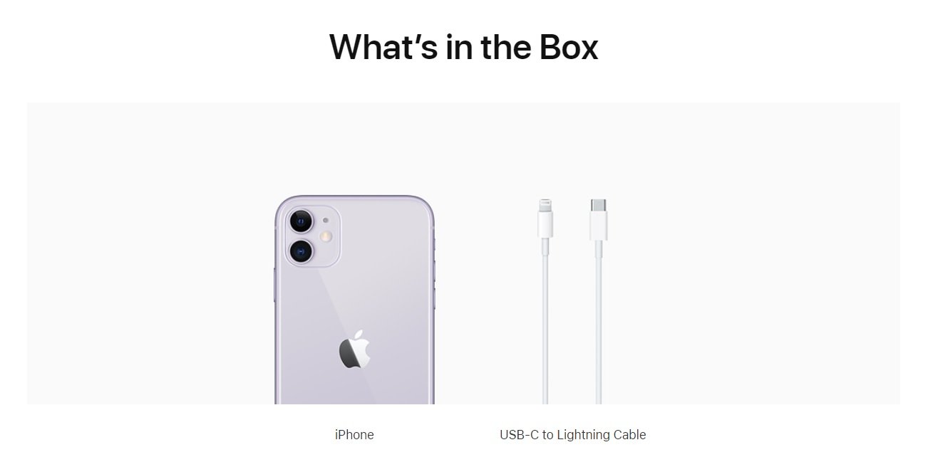 从苹果官网可见，现在线上销售的手机包装盒内，只会有一部手机及USB-C对Lightnin连接线。