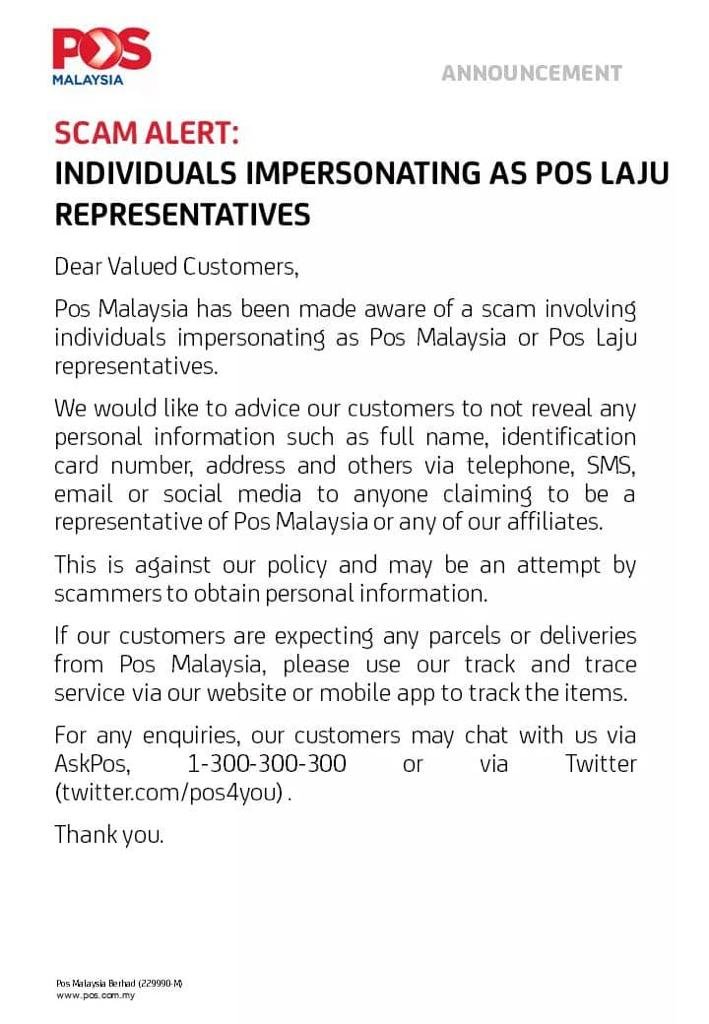 大马邮政公司发表声明，促请民众切勿提供个人资料予自称为该公司的代表。