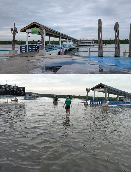 前往吉胆岛的必经码头广场（Jetty Square）也被风向转变打来的浪高淹没，但经对比水位并不高，民众涉水依然可轻易通过。-照片由受访者提供-