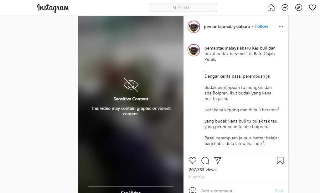 社交媒体Instagram上载的视频已被移除。（网络截图）