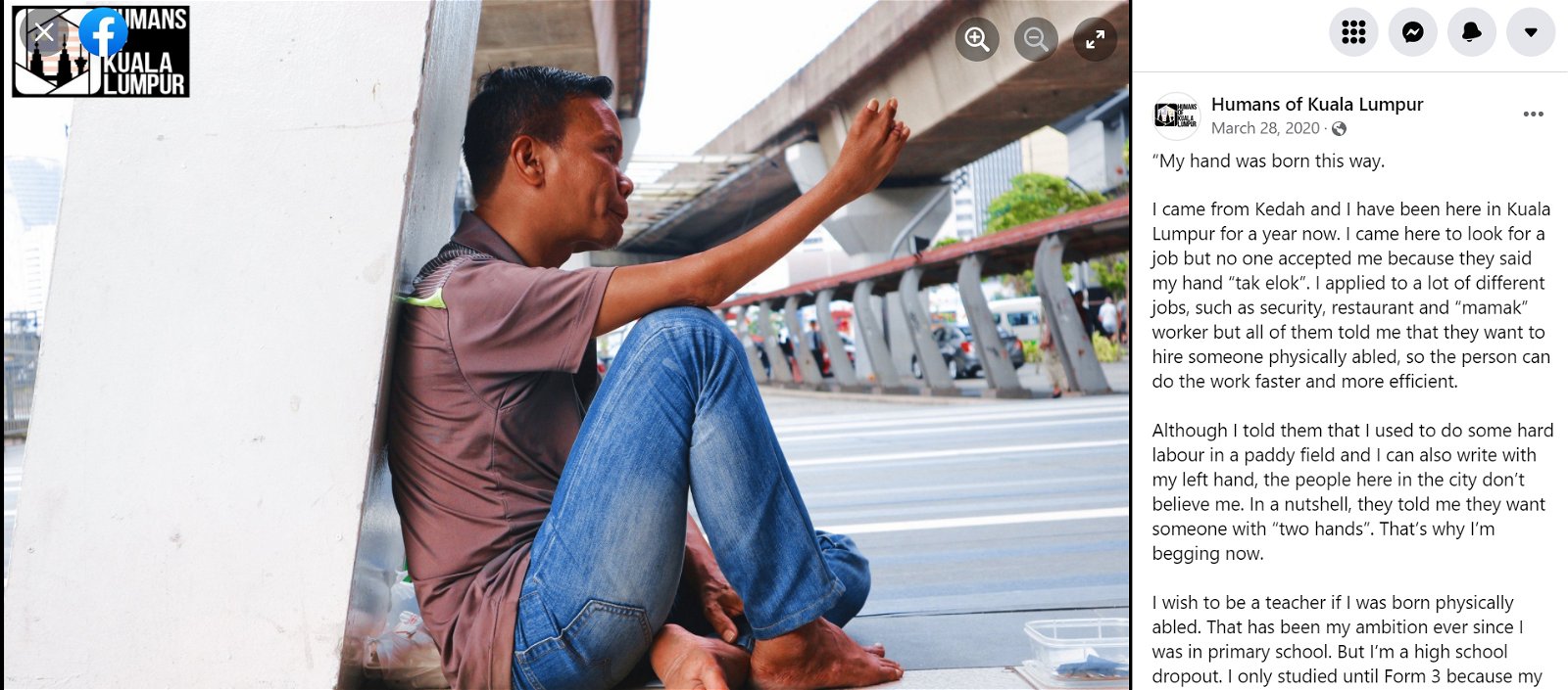 由于右手手指天生黏在一块，导致这名男子难以觅得一份工作。在HOKL分享他的故事后，接到不少公司私信，表示愿意为他提供工作机会。（截自Humans of Kuala Lumpur面子书）