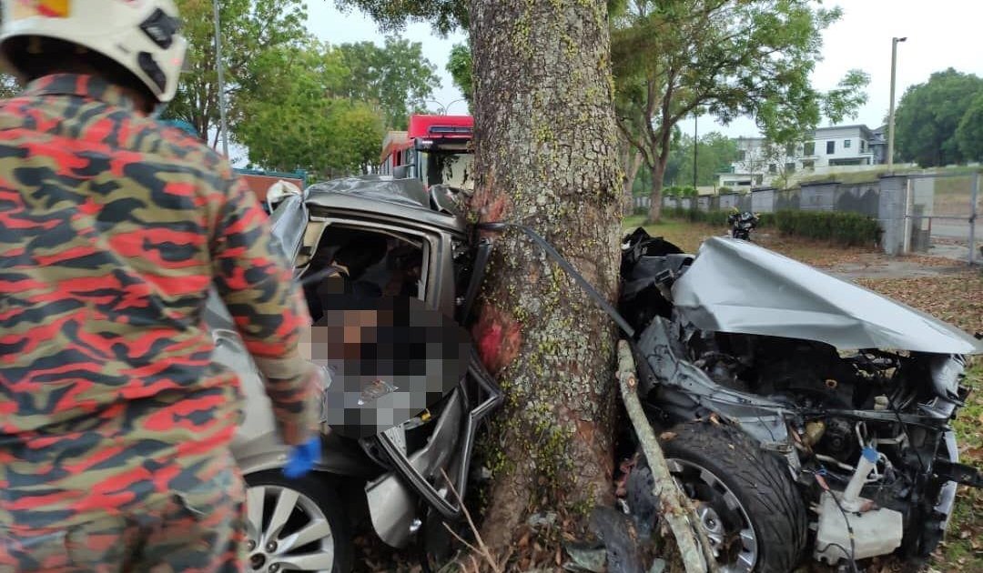 28岁华裔青年所驾驶的轿车失控撞上路旁大树，导致他不幸夹毙车内。