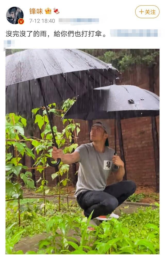 谢霆锋亲自为菜田打伞。