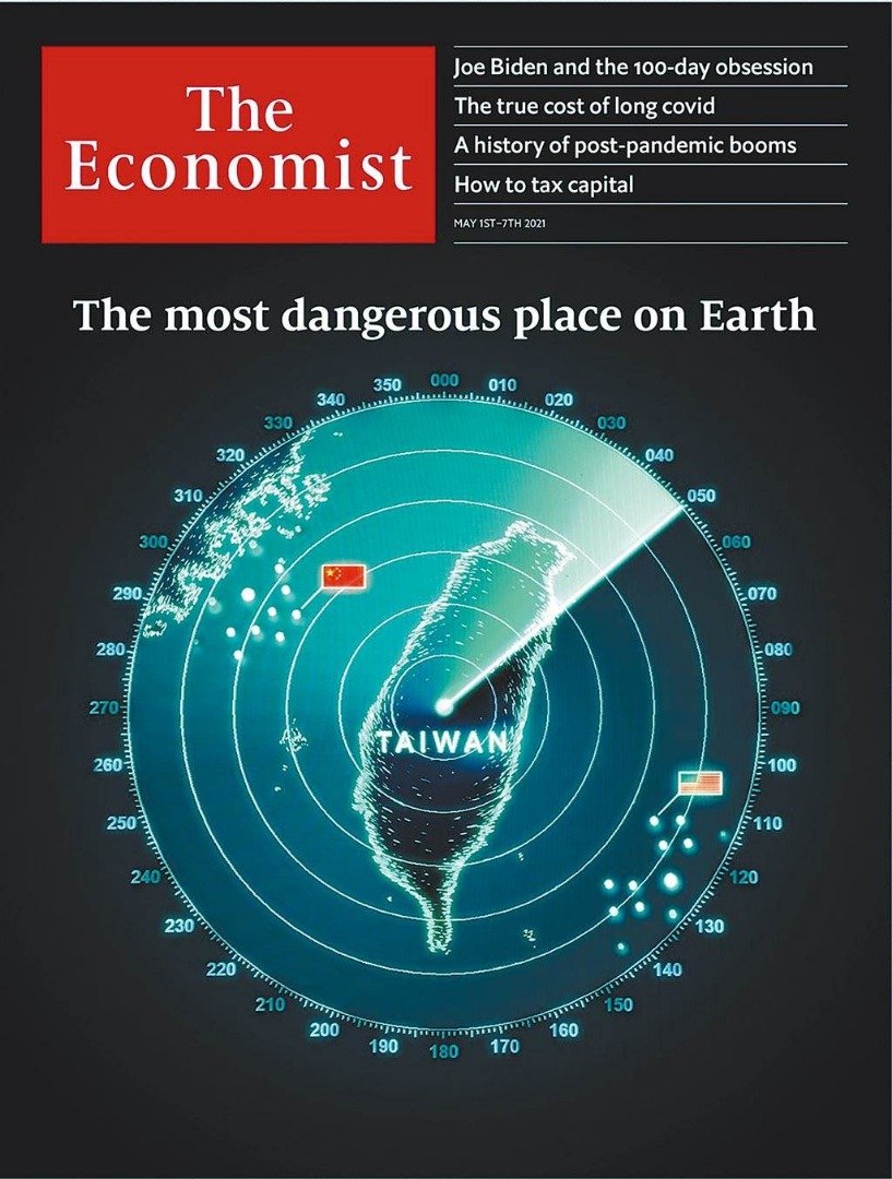 台海议题登上英国知名杂志《经济学人》封面，标题以“地球上最危险地区”来形容台湾，并用台湾本岛为图，指出一旦爆发战争，将成为大灾难。（图取自twitter@TheEconomist）